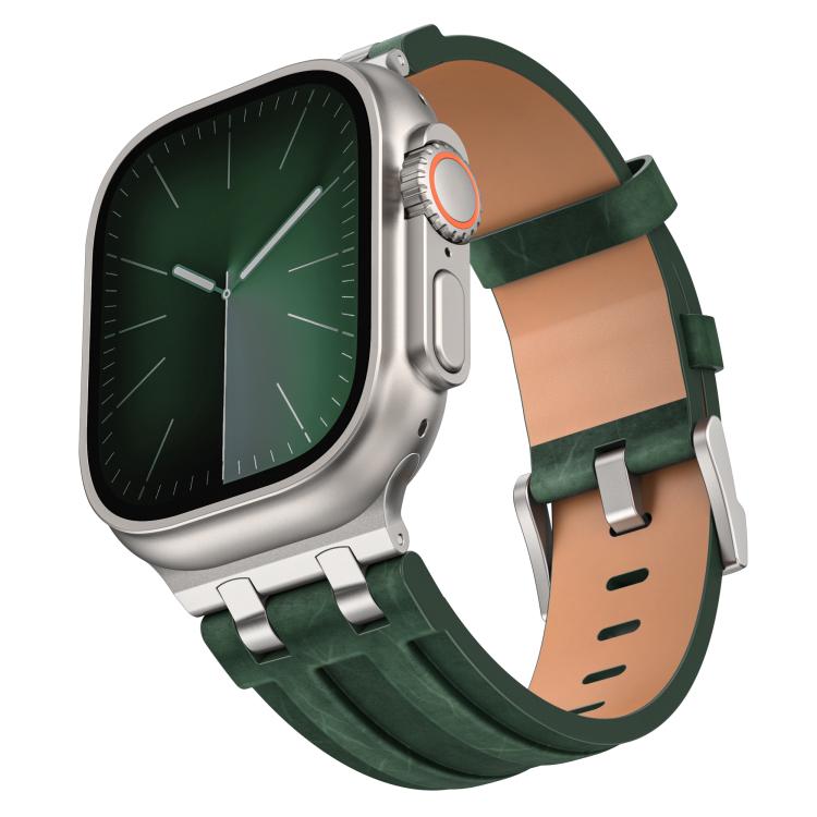 Dark green vegan leather watch band with silver buckle, shown attached to a silver smartwatch