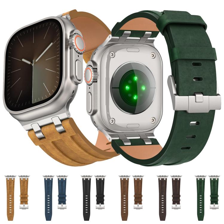 Vegan leather smartwatch band color options in brown, navy, black, coffee and dark green