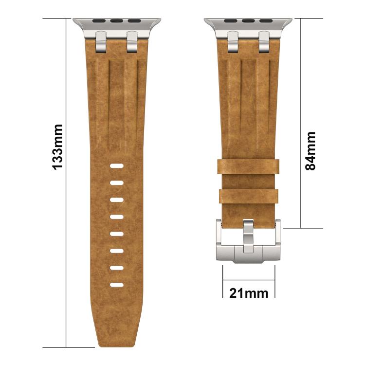 Brown vegan leather watch band with silver buckle and measurement markings