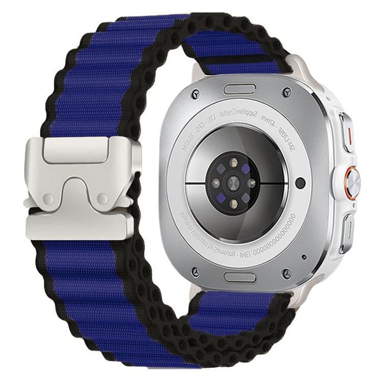 Navy blue ribbed nylon watch band with silver buckle and black edges