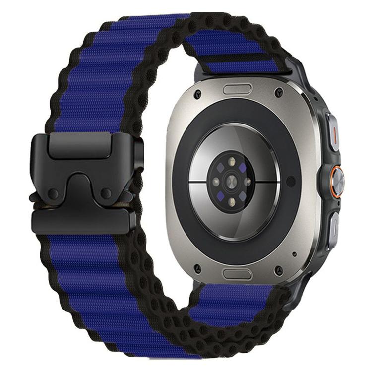 Navy blue ribbed nylon watch band with black buckle and edges