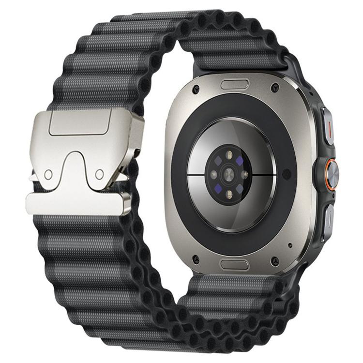 Dark gray ribbed nylon watch band with silver buckle