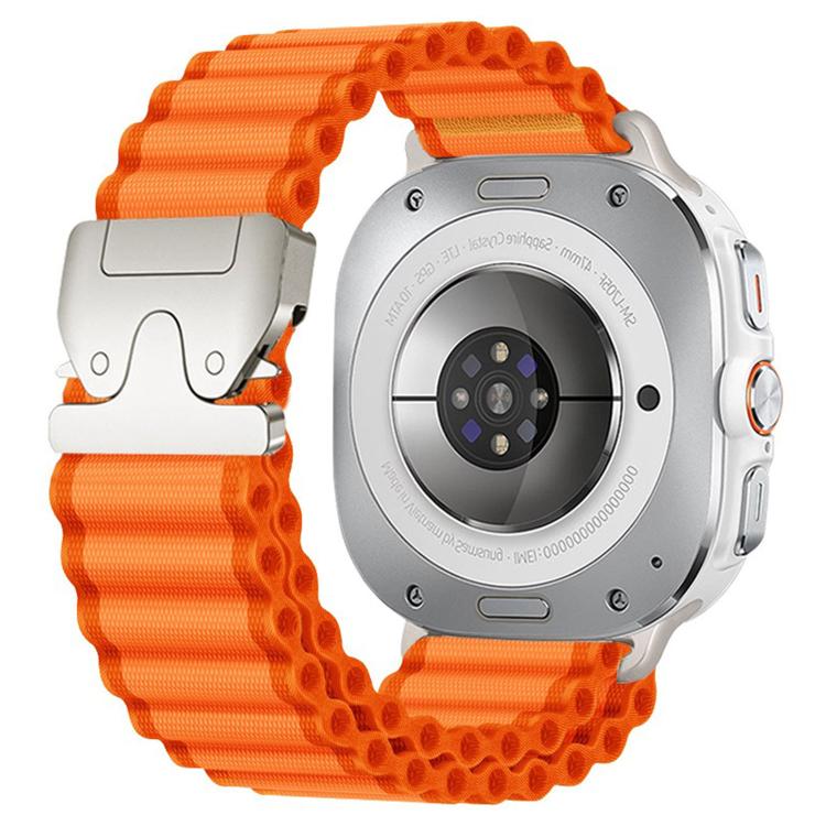 Orange ribbed nylon watch band with silver buckle
