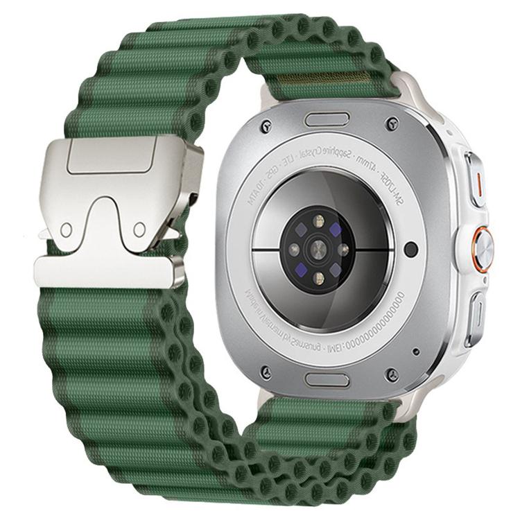 Green ribbed nylon watch band with silver buckle