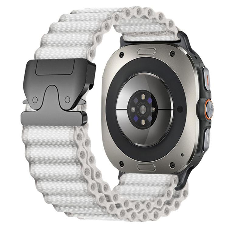 White ribbed nylon watch band with black parachute buckle on a smartwatch