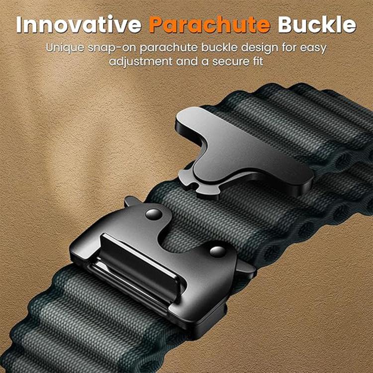 Dark ribbed nylon watch band showing its black parachute buckle