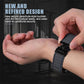 Dark ribbed nylon watch band being fastened around a wrist
