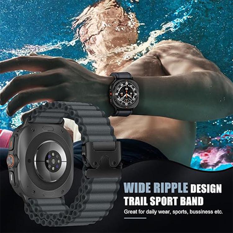 Dark wide-ribbed nylon watch band shown worn during swimming
