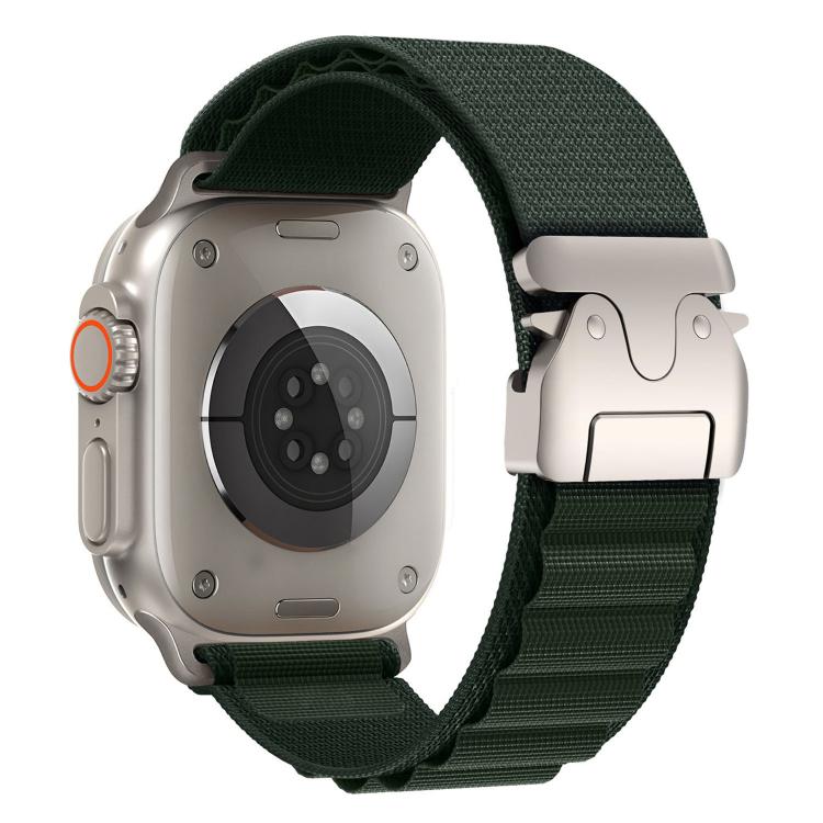 Dark green nylon Apple Watch band with silver buckle