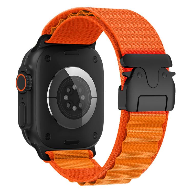 Orange nylon Apple Watch band with black buckle
