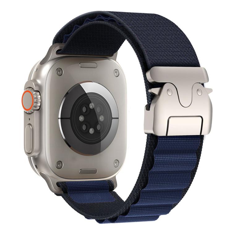Navy blue nylon Apple Watch band with silver buckle