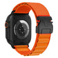 Orange nylon Apple Watch band with a black buckle
