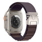 Indigo nylon Apple Watch band with a silver buckle