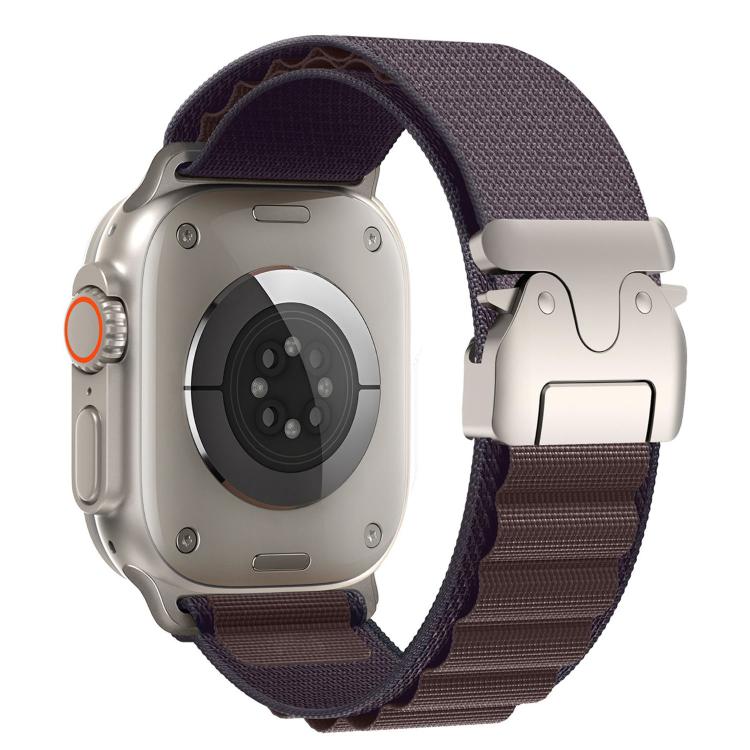 Indigo nylon Apple Watch band with a silver buckle