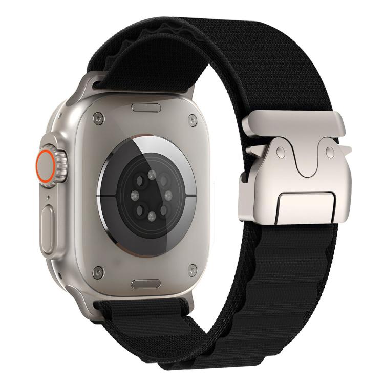 Black nylon Apple Watch band with silver parachute-style buckle