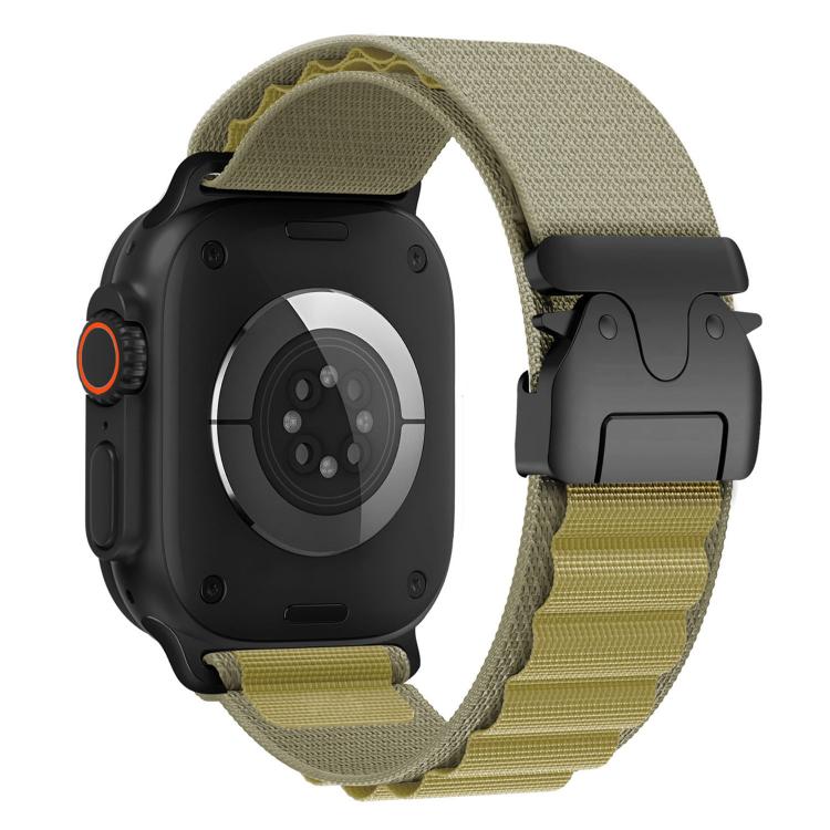 Khaki nylon Apple Watch band with black parachute-style buckle
