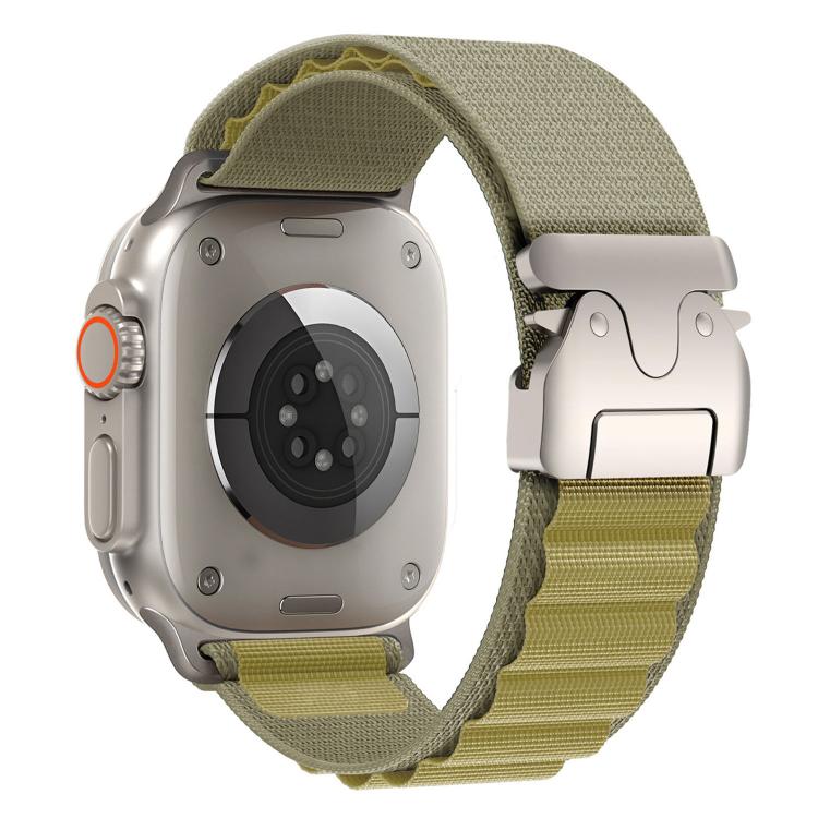 Khaki nylon Apple Watch band with silver parachute-style buckle
