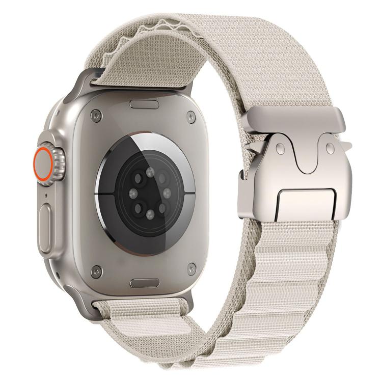 Light beige nylon Apple Watch band with silver parachute-style buckle