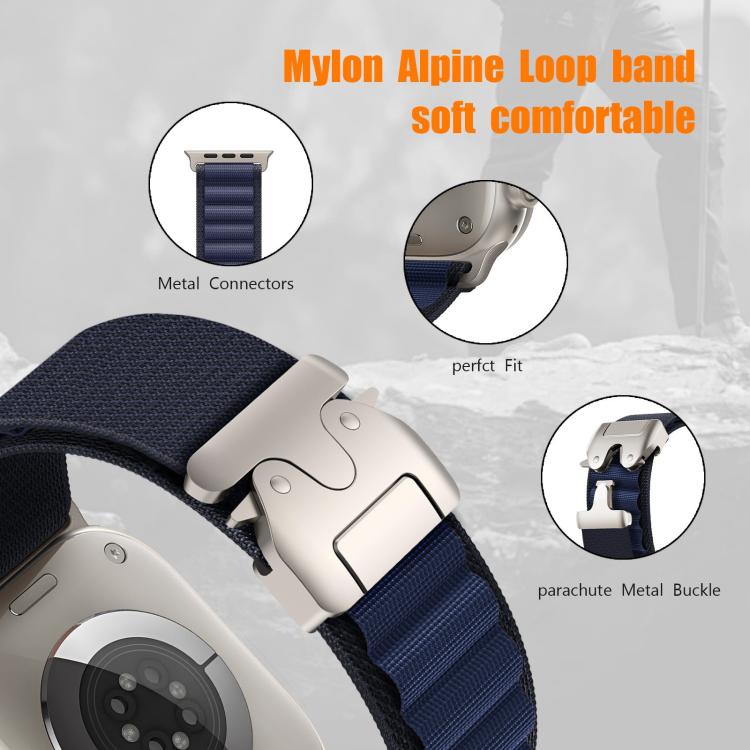 Navy nylon Apple Watch band with silver metal connectors and parachute-style buckle