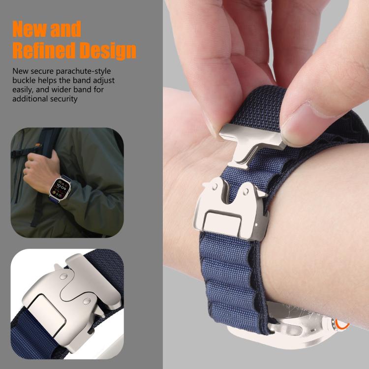 Navy nylon Apple Watch band with adjustable metal parachute-style buckle
