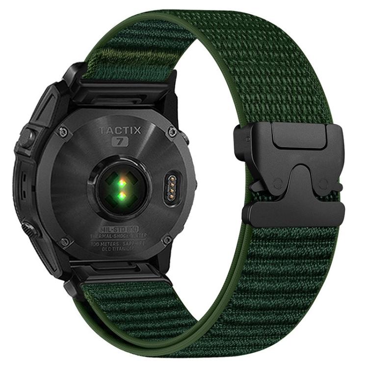 Dark green woven nylon watch band with black buckle, fitted to a watch
