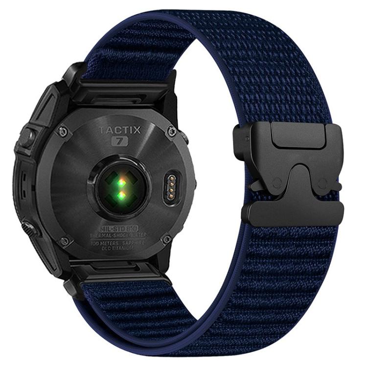 Navy woven nylon watch band with black buckle, shown attached to a watch.