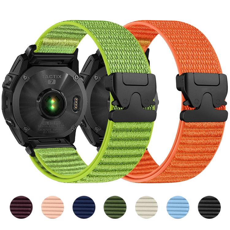 Woven nylon watch bands in lime green and orange with black buckles, shown on watches.