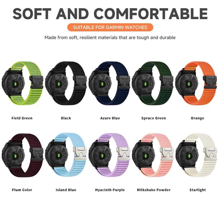 Woven nylon watch band color options displayed with watches and buckle styles.