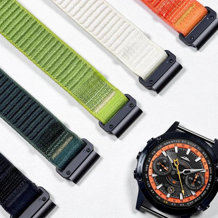 Woven nylon watch bands in green, cream, orange, teal and black with metal tips