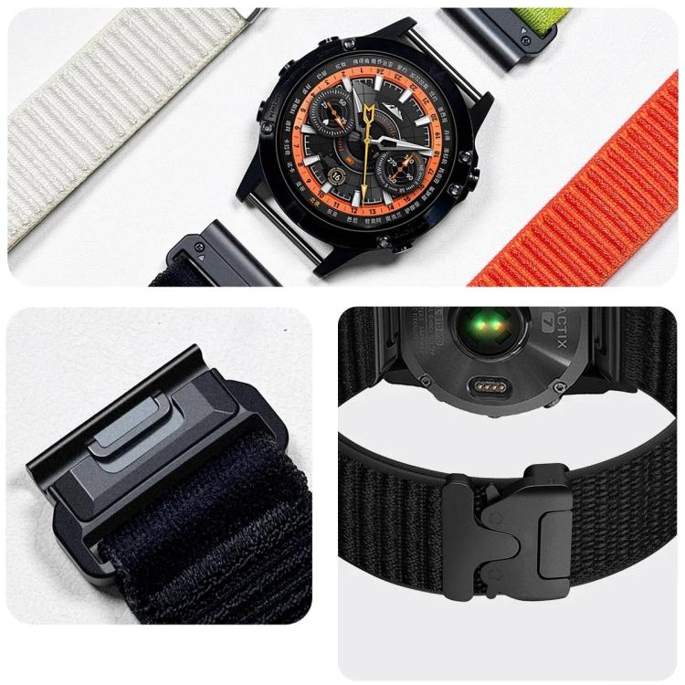Woven nylon watch band with metal connector and close-up of buckle attachment