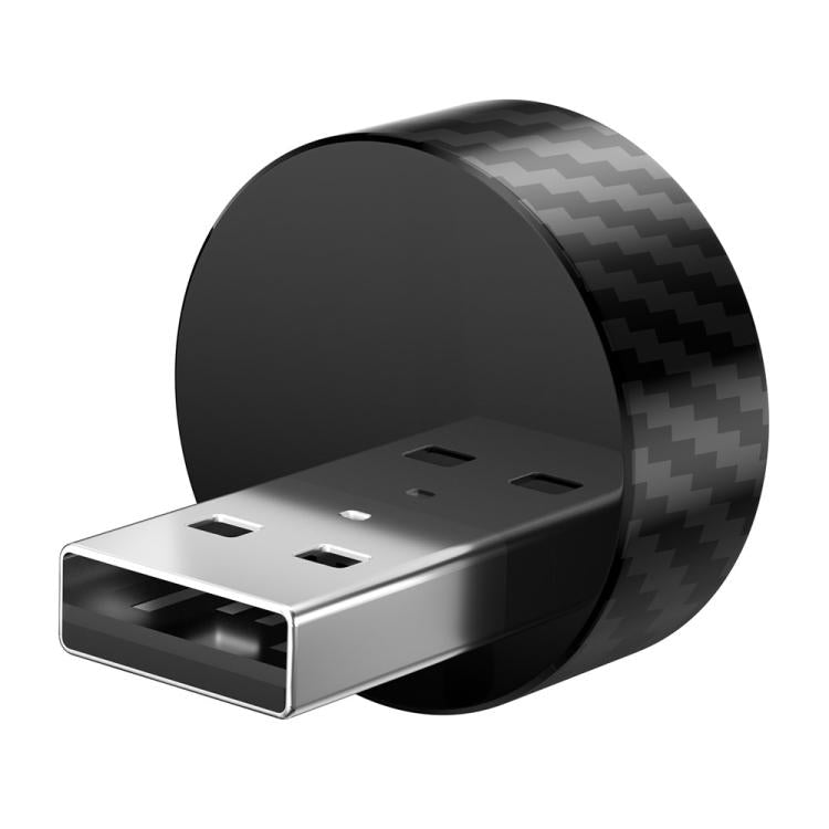 Car wireless converter dongle with USB-A port plug and round carbon-fiber style body
