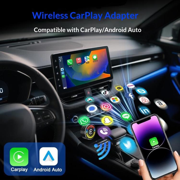 Wireless CarPlay adapter dongle near car dashboard display and smartphone