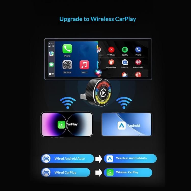 Wireless CarPlay/Android Auto converter dongle with LED ring under a car head unit