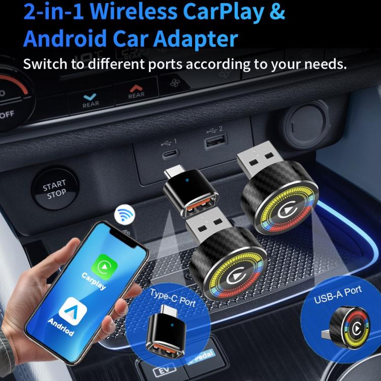 2-in-1 wireless CarPlay and Android Auto car adapter with dual USB plugs