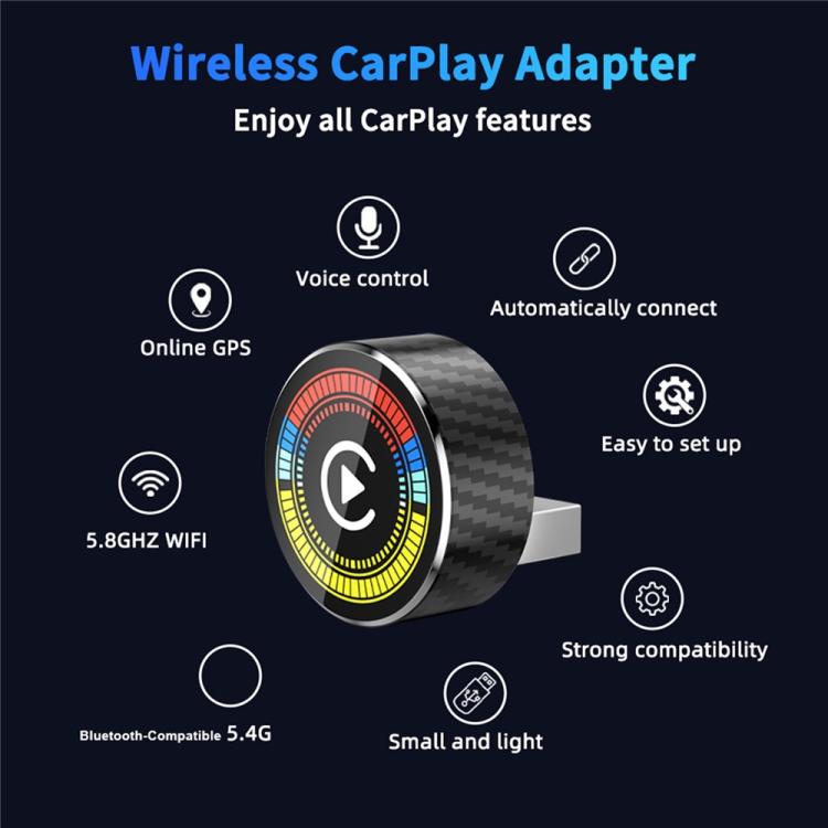 Wireless CarPlay adapter dongle with LED ring and small connectivity icons around it