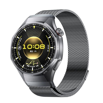 Titanium gray Huawei watch with a stainless steel Milanese magnetic mesh band