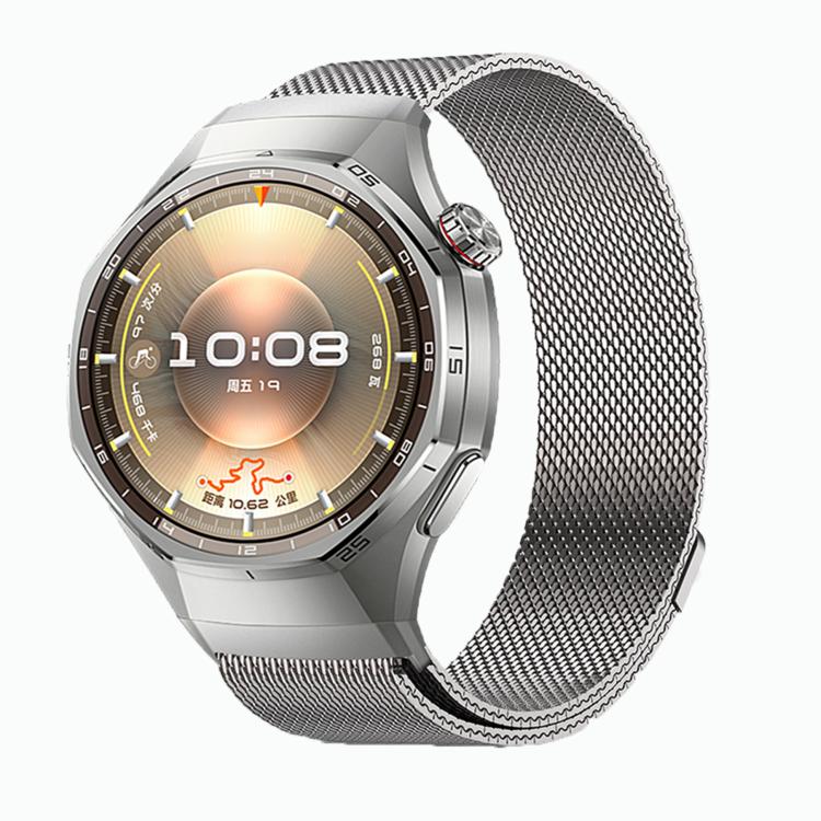 Silver Huawei watch with a stainless steel Milanese magnetic mesh band