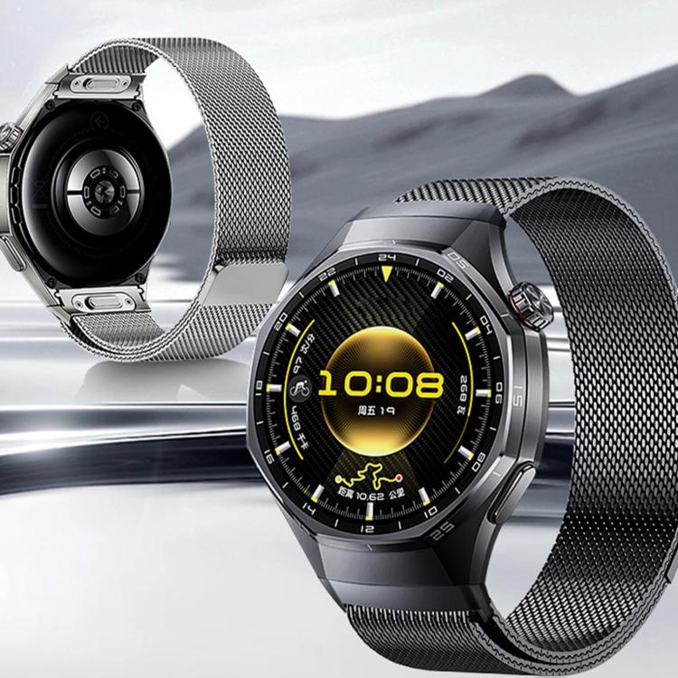 Titanium gray Huawei watch with a mesh band, shown from front and back
