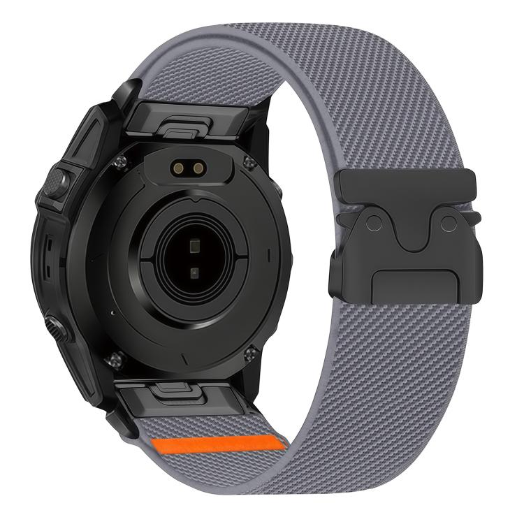 Gray nylon watch band shown from the back, with a black parachute-style buckle