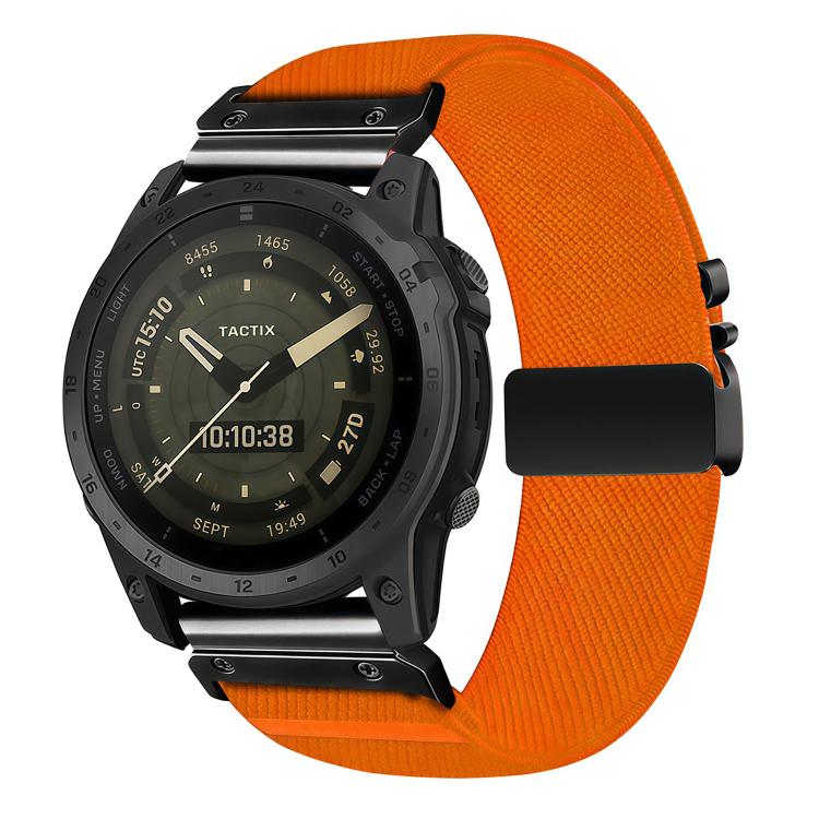 Bright orange stretch nylon watch band with diagonal weave and black buckle