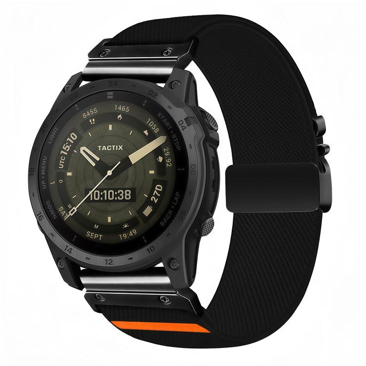 Black diagonal-weave stretch nylon watch band with black buckle and orange accent, shown on a watch
