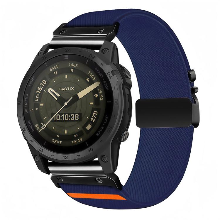 Navy diagonal-weave stretch nylon watch band with black buckle and orange accent, shown on a watch