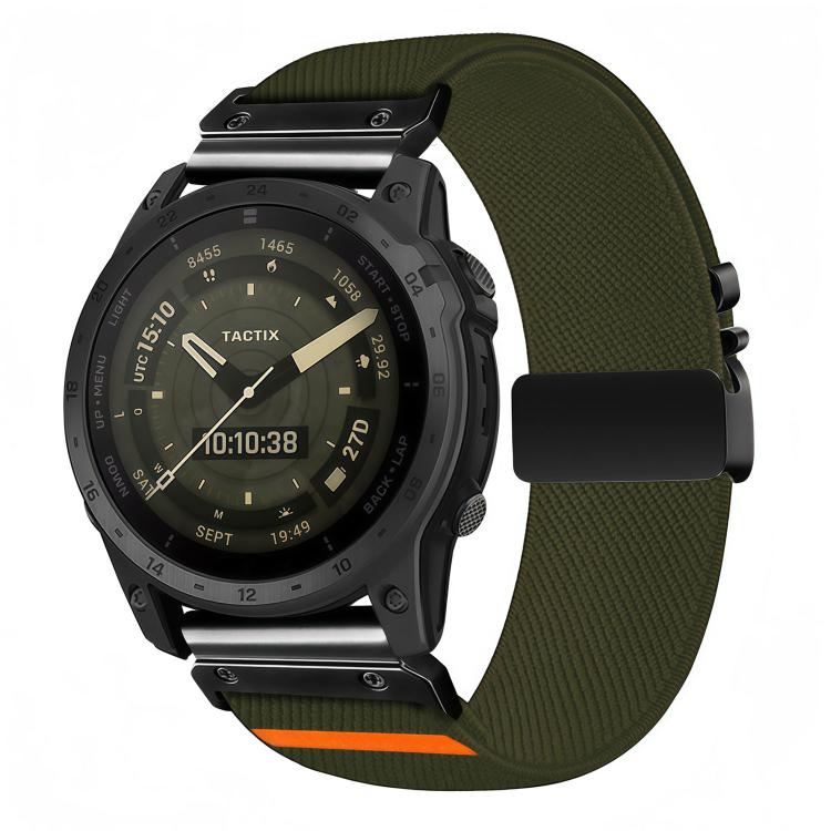 Olive green stretch nylon watch band with diagonal weave and black buckle, shown on a black watch.