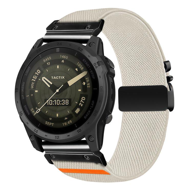 Off-white stretch nylon watch band with diagonal weave and black buckle, shown on a black watch.