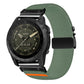 Muted green stretch nylon watch band with diagonal weave and black buckle, shown on a black watch.