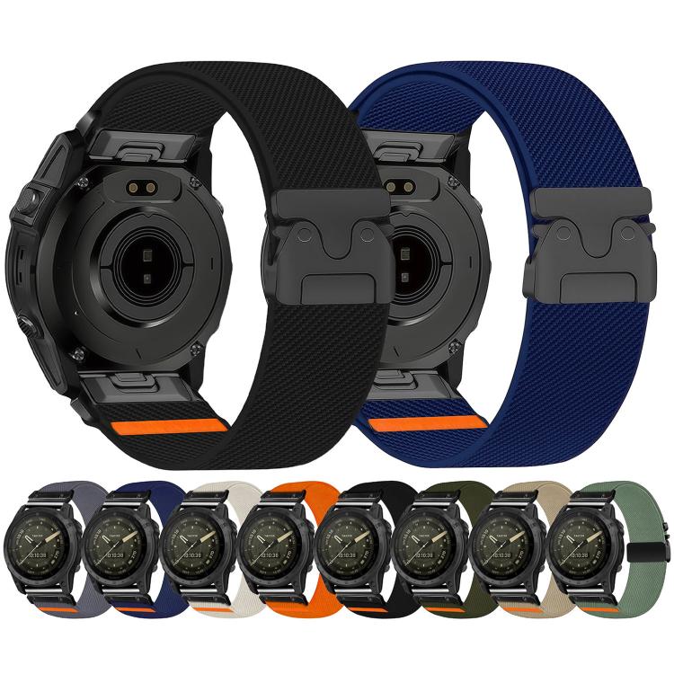 Stretch nylon watch bands in black and navy, with buckle closures and assorted color options.