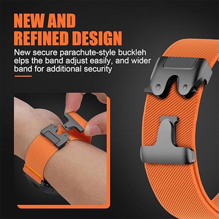 Orange nylon watch band with parachute-style buckle and adjustable keeper