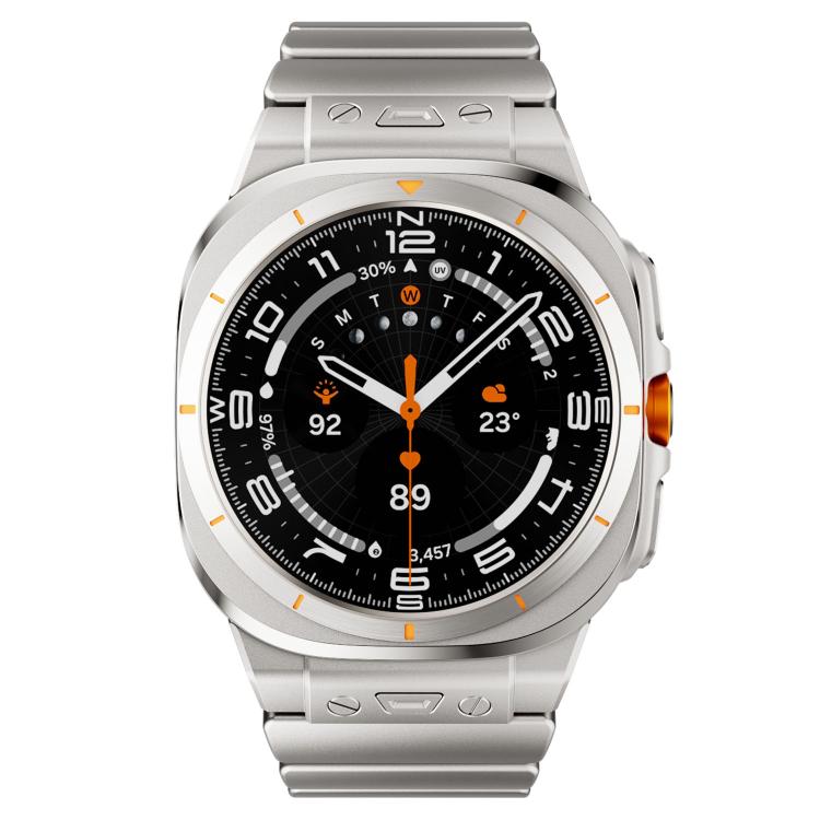 Front view of a silver smartwatch with a stainless steel link band