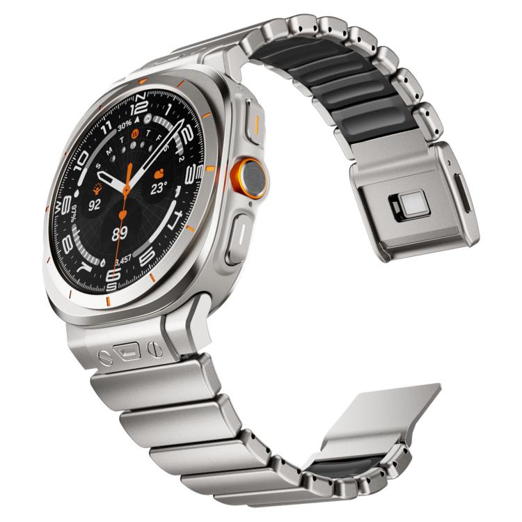 Silver smartwatch band with black silicone inserts, shown with the magnetic clasp open