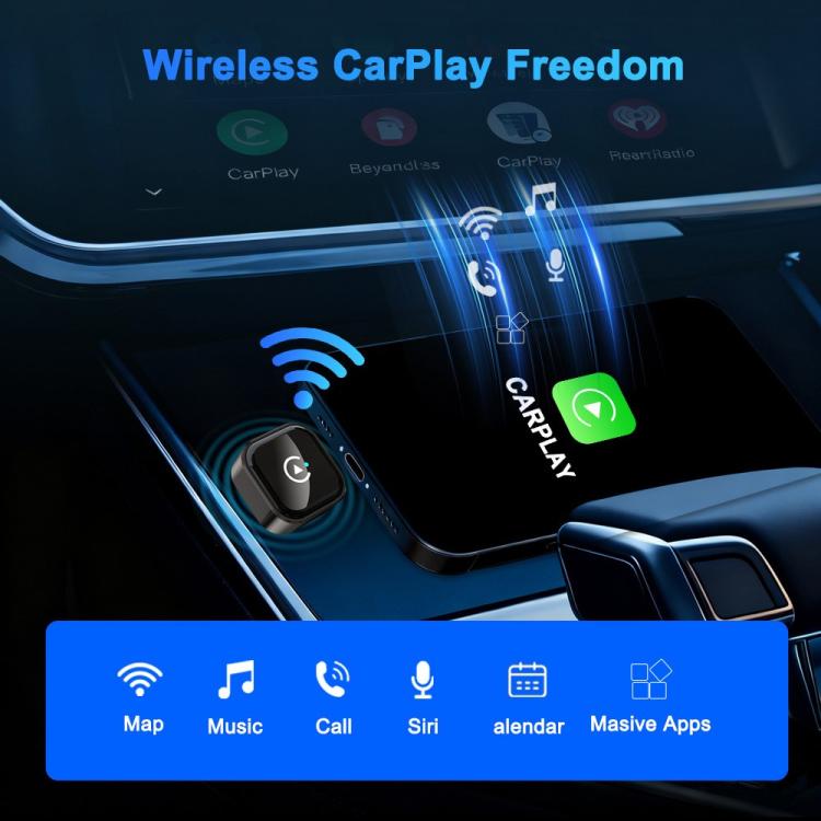 Compact black wireless car adapter module with glowing power/status icon